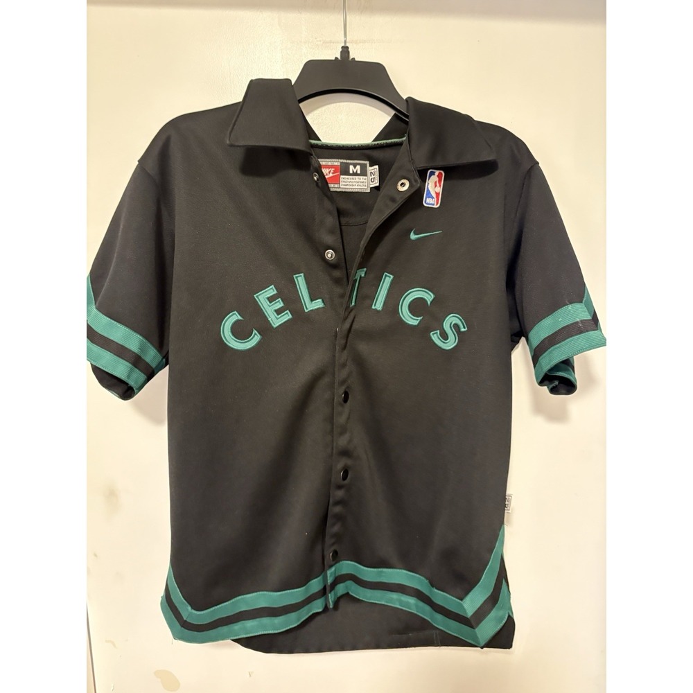 Boston Celtics Warm Up Jersey M Nike Snap Shirt Black Green NBA Shooting